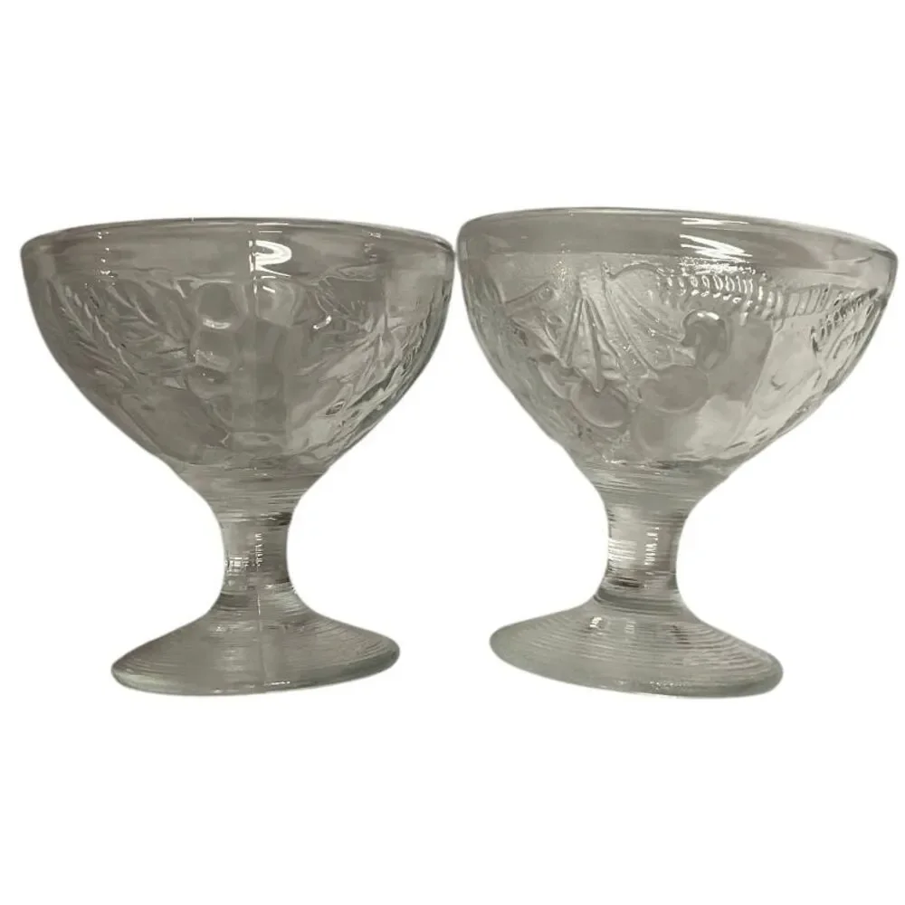 Vintage‎ French France Glass Dessert Coupe Champagne Clear Floral Embossed Set 2